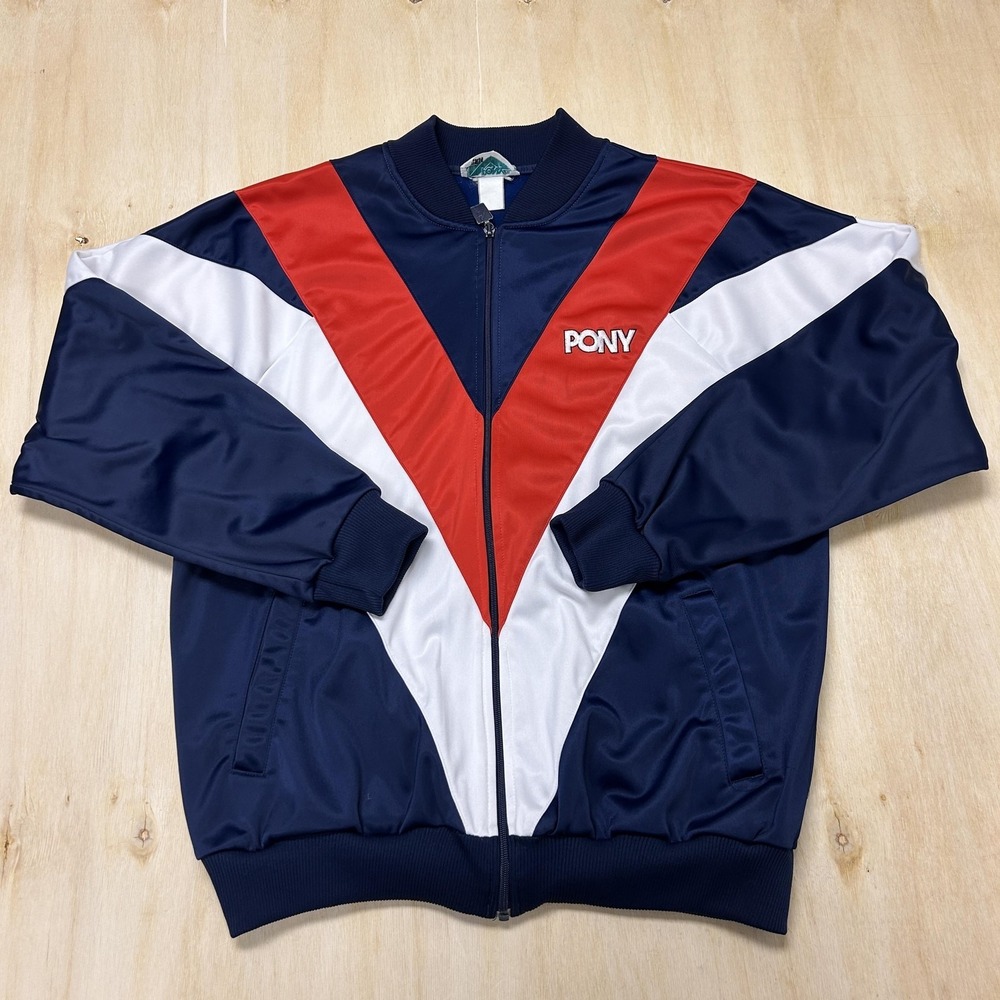 PONY Track Jacket Mens Large Blue Colorblock Full Zip Lightweight Athletic